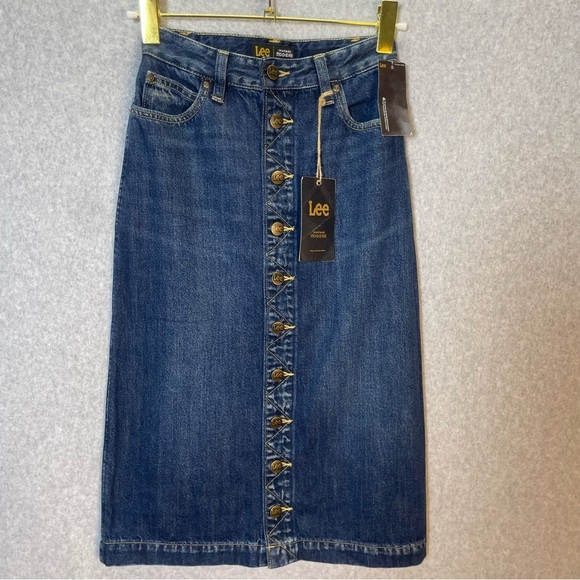 Lee High Rise Button Kansas Blue Dark Wash Denim Midi Skirt - Picture 2 of 8